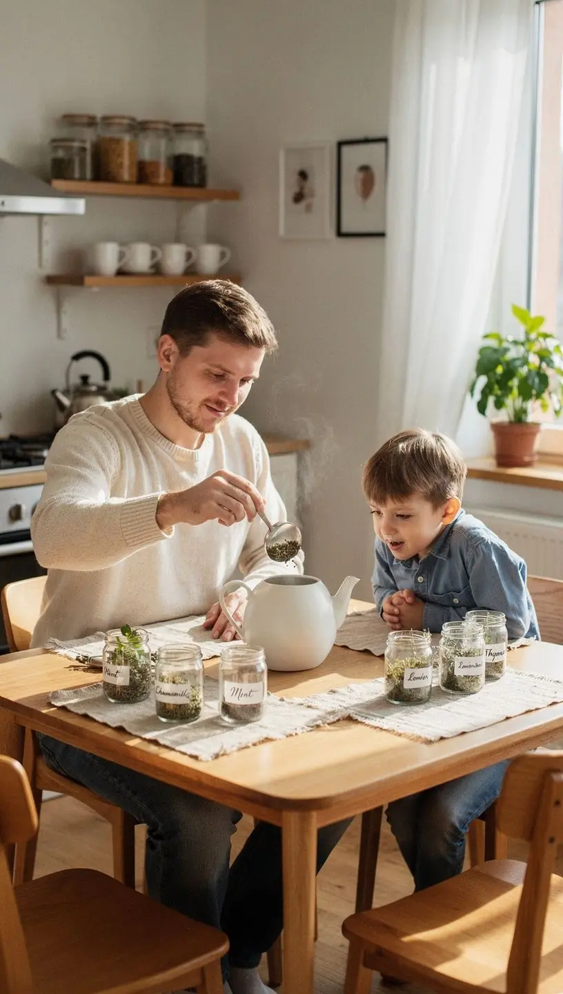 Arbatos lapeliai ir termosas ant medinio stalo, atspindintys tvarų ir apgalvotą požiūrį į arbatos vartojimą.